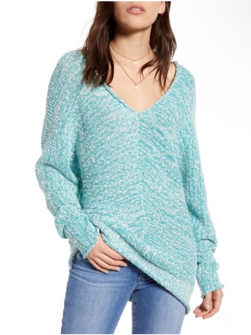 Free People Bright Lights V-Neck Sweater in Adriatic Sea Size Small